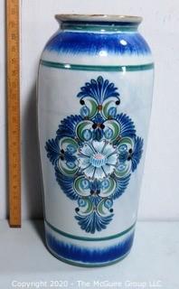 Large Erandi Tonala Mexico Pottery Hand Painted Vase with Floral Design 19" Tall.  Signed by Artist.