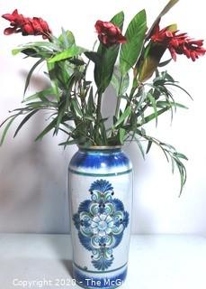 Large Erandi Tonala Mexico Pottery Hand Painted Vase with Floral Design 19" Tall.  Signed by Artist.