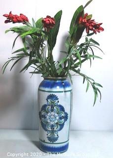 Large Erandi Tonala Mexico Pottery Hand Painted Vase with Floral Design 19" Tall.  Signed by Artist.