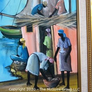 Framed Original Oil on Canvas Painting of Boats at Dock Signed by Haitian Artist Cupidon Rodrigue. Measures approximately 35" x 15" with Frame.