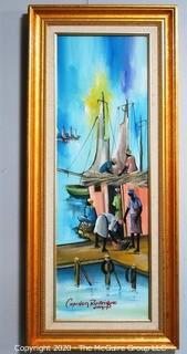 Framed Original Oil on Canvas Painting of Boats at Dock Signed by Haitian Artist Cupidon Rodrigue. Measures approximately 35" x 15" with Frame.