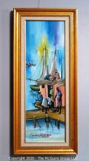 Framed Original Oil on Canvas Painting of Boats at Dock Signed by Haitian Artist Cupidon Rodrigue. Measures approximately 35" x 15" with Frame.