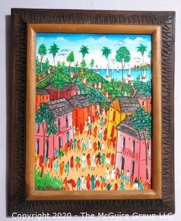 Framed Original Oil on Canvas Painting of Caribbean Street Scene Signed by Artist . Measures approximately 21" x 17" with Frame.