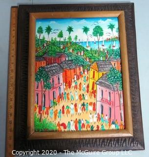 Framed Original Oil on Canvas Painting of Caribbean Street Scene Signed by Artist . Measures approximately 21" x 17" with Frame.