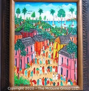 Framed Original Oil on Canvas Painting of Caribbean Street Scene Signed by Artist . Measures approximately 21" x 17" with Frame.