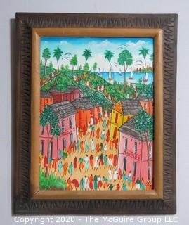 Framed Original Oil on Canvas Painting of Caribbean Street Scene Signed by Artist . Measures approximately 21" x 17" with Frame.