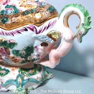 Vintage Porcelain Hand Painted Italian Capodimonte Centerpiece Covered Dish with Lid and Handles with Frolicking Figurals & Cherubs.  Measures approximately 22" long and 16"tall with lid. 
