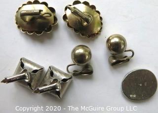 Group of Vintage Jewelry Including Clip On Earrings and Sterling Silver Disk Marked V&K