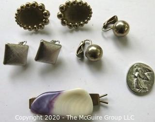 Group of Vintage Jewelry Including Clip On Earrings and Sterling Silver Disk Marked V&K