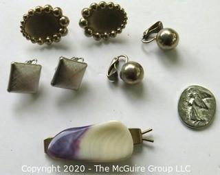 Group of Vintage Jewelry Including Clip On Earrings and Sterling Silver Disk Marked V&K