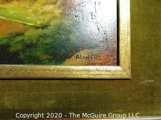 Oil on Board in Gilt Framed Landscape Painting Signed by Artist Alineri