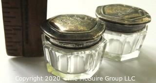 Pair of Two Antique Wallace & Son Sterling Silver & Cut Crystal Vanity Powder Jars with Monograms. 