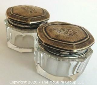 Pair of Two Antique Wallace & Son Sterling Silver & Cut Crystal Vanity Powder Jars with Monograms. 