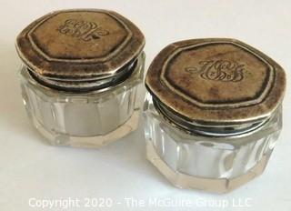 Pair of Two Antique Wallace & Son Sterling Silver & Cut Crystal Vanity Powder Jars with Monograms. 