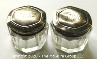 Pair of Two Antique Wallace & Son Sterling Silver & Cut Crystal Vanity Powder Jars with Monograms. 