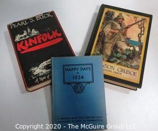 Set of 3 Books including Kinfolk by Pearl Buck, Robinson Crusoe & Happy Days Calendar Book of 1934