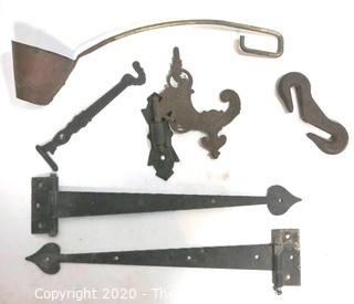 Collection of Vintage Metal Ware Including Hinges, Lamp Hooks and Ladle