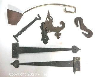 Collection of Vintage Metal Ware Including Hinges, Lamp Hooks and Ladle