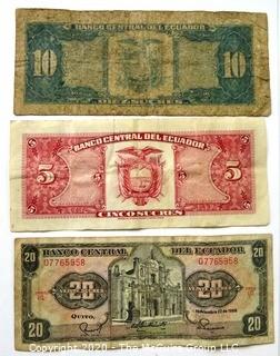 Three Vintage Bank Notes or Currency From Ecuador. 5, 10 & 20 Sucres.