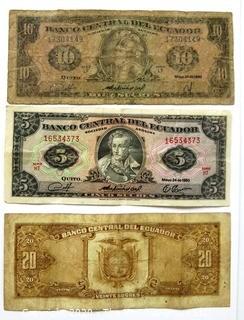 Three Vintage Bank Notes or Currency From Ecuador. 5, 10 & 20 Sucres.