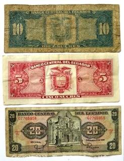 Three Vintage Bank Notes or Currency From Ecuador. 5, 10 & 20 Sucres.