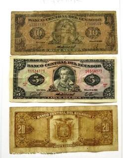 Three Vintage Bank Notes or Currency From Ecuador. 5, 10 & 20 Sucres.