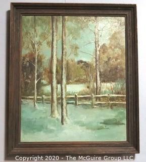 Vintage Framed Oil on Canvas Winter Landscape Signed by Artist J. Harlan