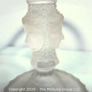 Victorian Pressed Glass Pedestal Cake Stand Three Faces by DUNCAN & MILLER. Measures approximately 10" in diameter with some small flea bites.