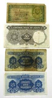 Four Vintage Bank Notes or Currency From Eqypt. 25 & 50 Piastres.