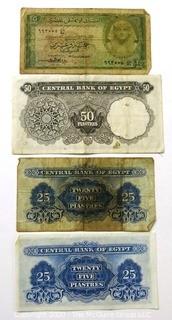 Four Vintage Bank Notes or Currency From Eqypt. 25 & 50 Piastres.