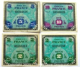 Four Vintage Bank Notes or Currency From France. 2, 5 & 10 Francs.