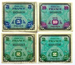 Four Vintage Bank Notes or Currency From France. 2, 5 & 10 Francs.