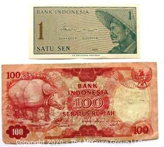 Two Vintage Bank Notes or Currency From Indonesia.