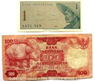 Two Vintage Bank Notes or Currency From Indonesia.