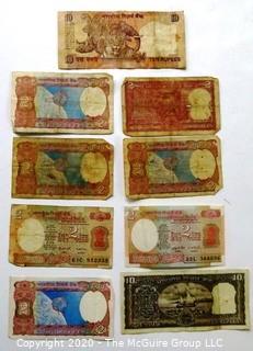 Nine Vintage Bank Notes or Currency From India, Rupees