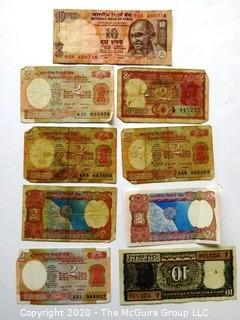 Nine Vintage Bank Notes or Currency From India, Rupees