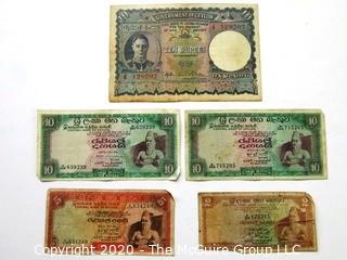 Five Vintage Bank Notes or Currency From Ceylon. Sri Lanka. Rupees. 