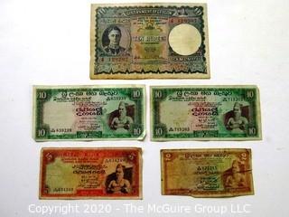 Five Vintage Bank Notes or Currency From Ceylon. Sri Lanka. Rupees. 