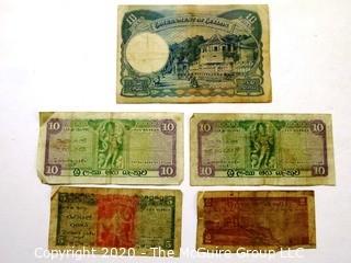 Five Vintage Bank Notes or Currency From Ceylon. Sri Lanka. Rupees. 