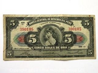 Vintage Bank Note or Currency From Peru.