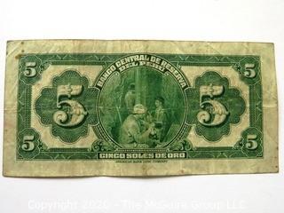 Vintage Bank Note or Currency From Peru.