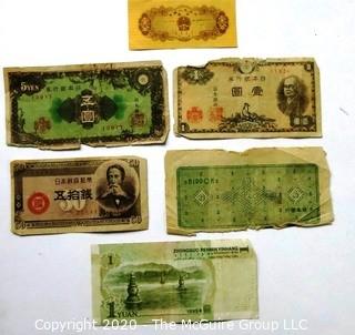 Six Vintage Bank Notes or Currency From Japan.