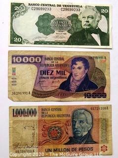 Three Vintage Bank Notes or Currency From Venezuela & Argentina. 