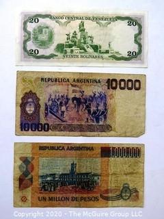 Three Vintage Bank Notes or Currency From Venezuela & Argentina. 