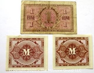 Three Vintage Bank Notes or Currency From Germany.  Deutsche Mark & Funfzig Pfennig