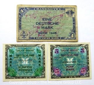 Three Vintage Bank Notes or Currency From Germany.  Deutsche Mark & Funfzig Pfennig