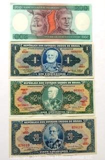 Four Vintage Bank Notes or Currency From Brazil.- Cruzeiro