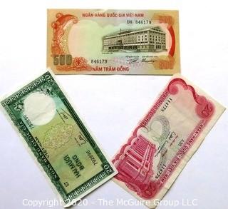 Three Vintage Bank Notes or Currency From Vietnam. 