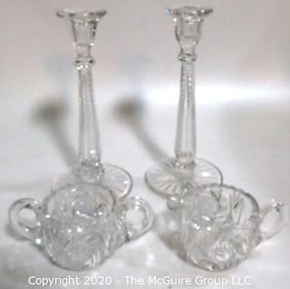 Group of Cut Crystal Items Including Candlesticks , Sugar & Creamer.