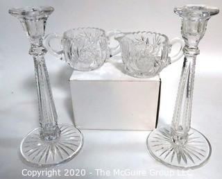 Group of Cut Crystal Items Including Candlesticks , Sugar & Creamer.